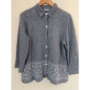 VTG Chicos Blue Button-Up Embroidered Hem 100% Linen Top Blouse Breathable L